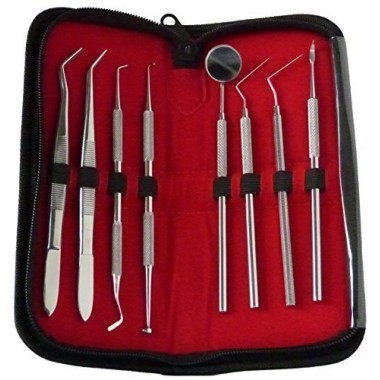 Medicare Supplements Pro Edition Dental Kit & Scalers, 8 Piece Stainless Steel Mirror & Tooth Scraper Set with Cotton Tweezers, Leather Storage Case